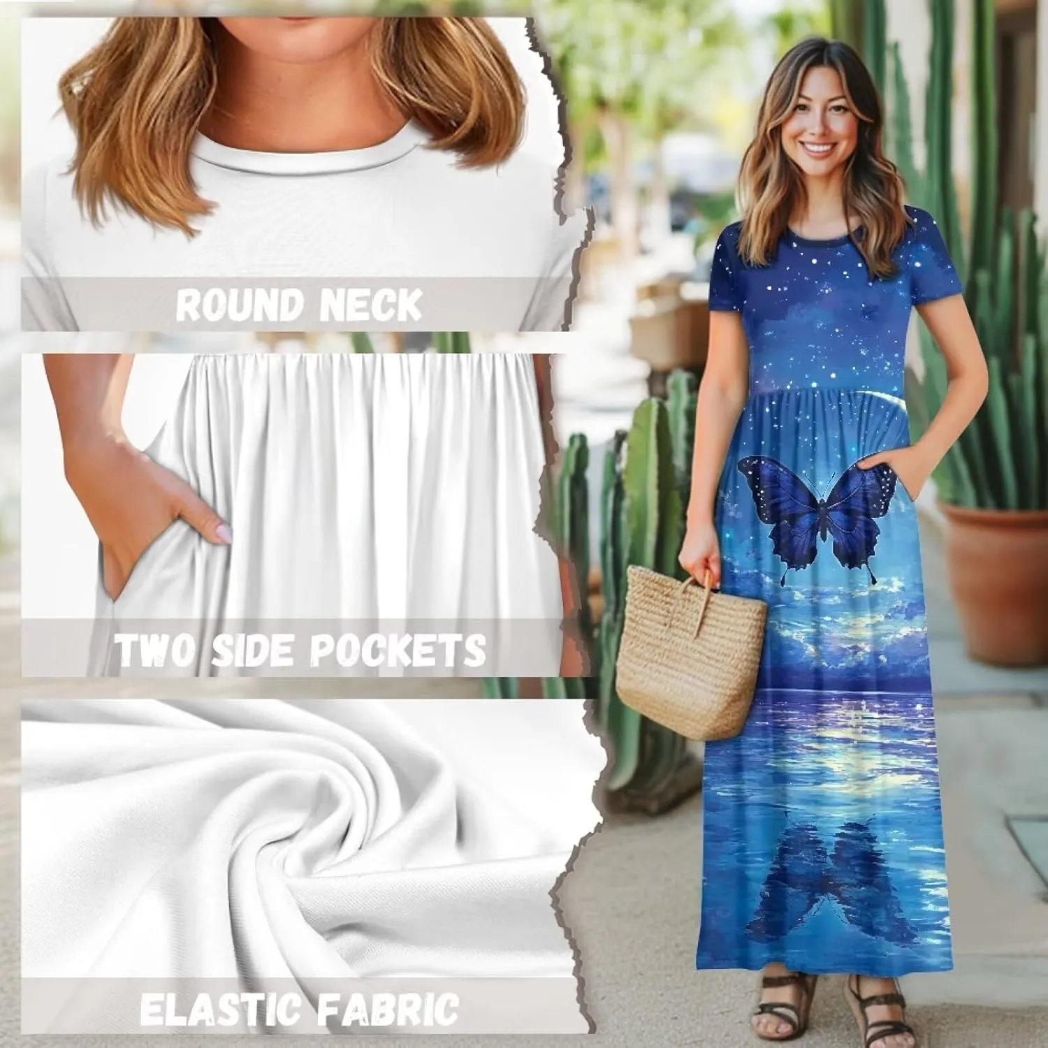 Short Sleeve Dress for Women Crew Neck A-Line Dress with Pockets Causal Long Sundress Summer Beach Clothes