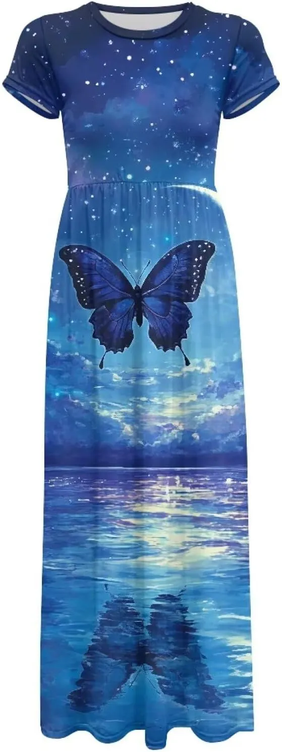 Short Sleeve Dress for Women Crew Neck A-Line Dress with Pockets Causal Long Sundress Summer Beach Clothes
