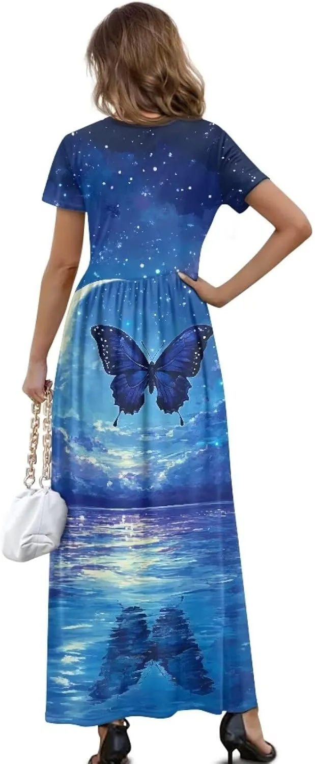 Short Sleeve Dress for Women Crew Neck A-Line Dress with Pockets Causal Long Sundress Summer Beach Clothes