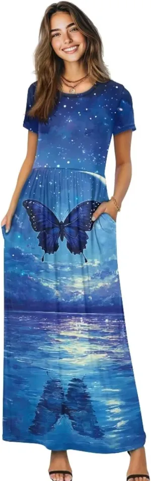 Short Sleeve Dress for Women Crew Neck A-Line Dress with Pockets Causal Long Sundress Summer Beach Clothes