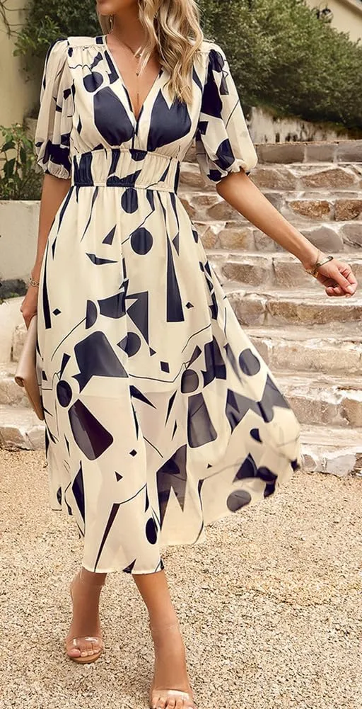 Sister Amy Women's Boho Floral Print Square Neck Beach Party Flowy Ruffle Midi Dress