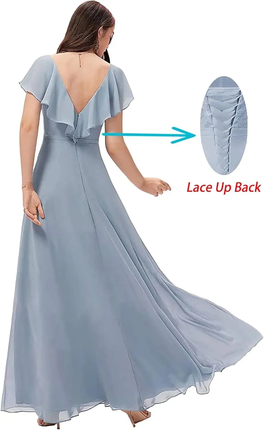 Smileven Women's Ruffle Sleeves Bridesmaid Dresses Long Chiffon V-Neck Formal Evening Party Gowns