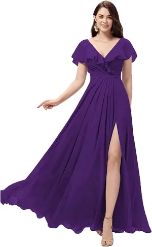 Smileven Women's Ruffle Sleeves Bridesmaid Dresses Long Chiffon V-Neck Formal Evening Party Gowns
