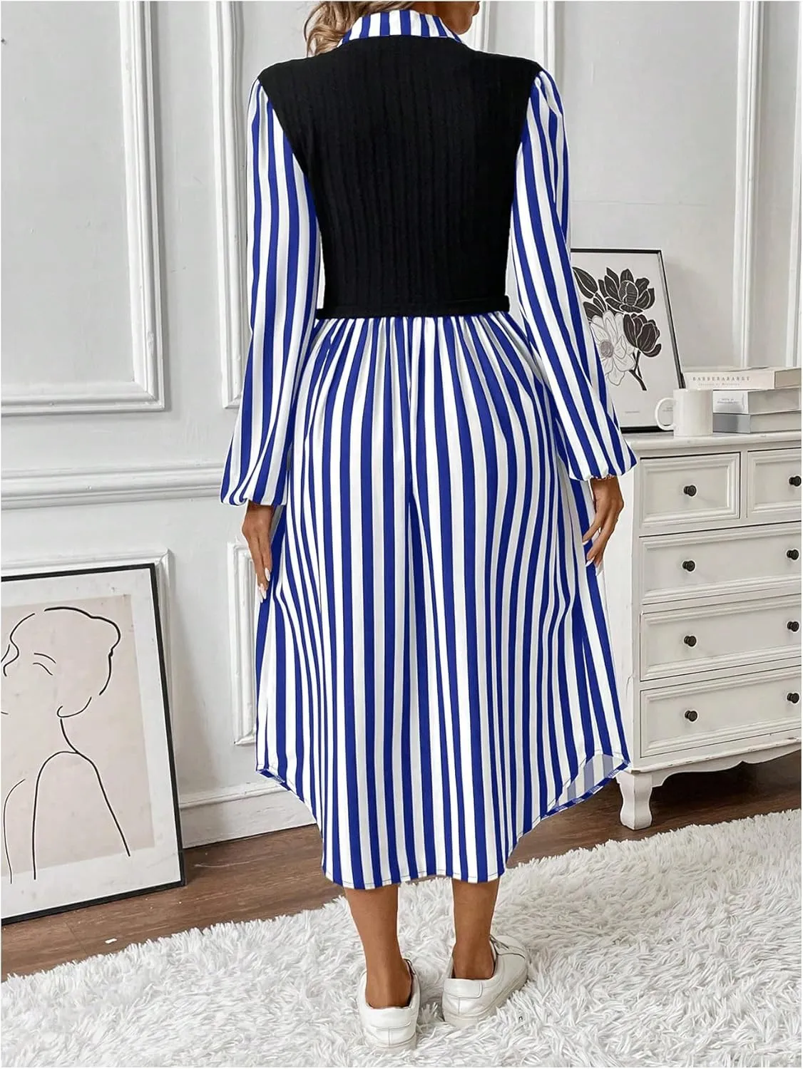 SOLY HUX Women's Button Down Striped Shirt Dress Long Sleeve Midi Dresses with Tank Top