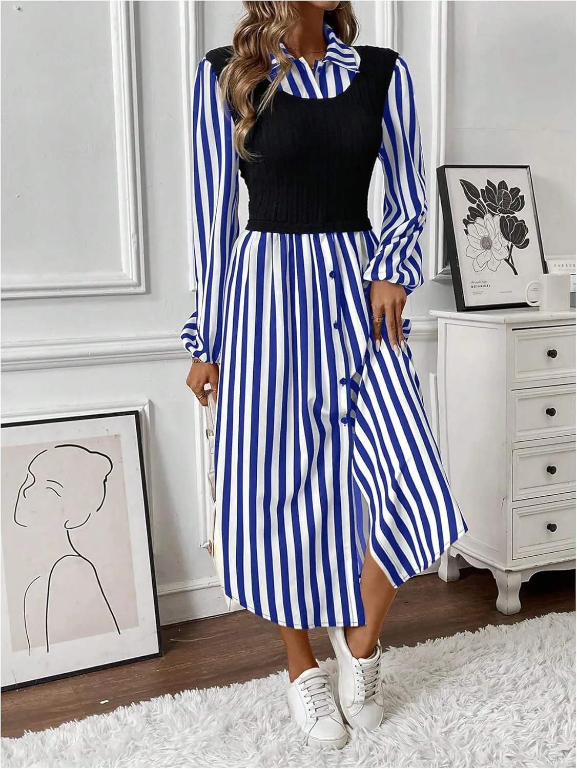 SOLY HUX Women's Button Down Striped Shirt Dress Long Sleeve Midi Dresses with Tank Top