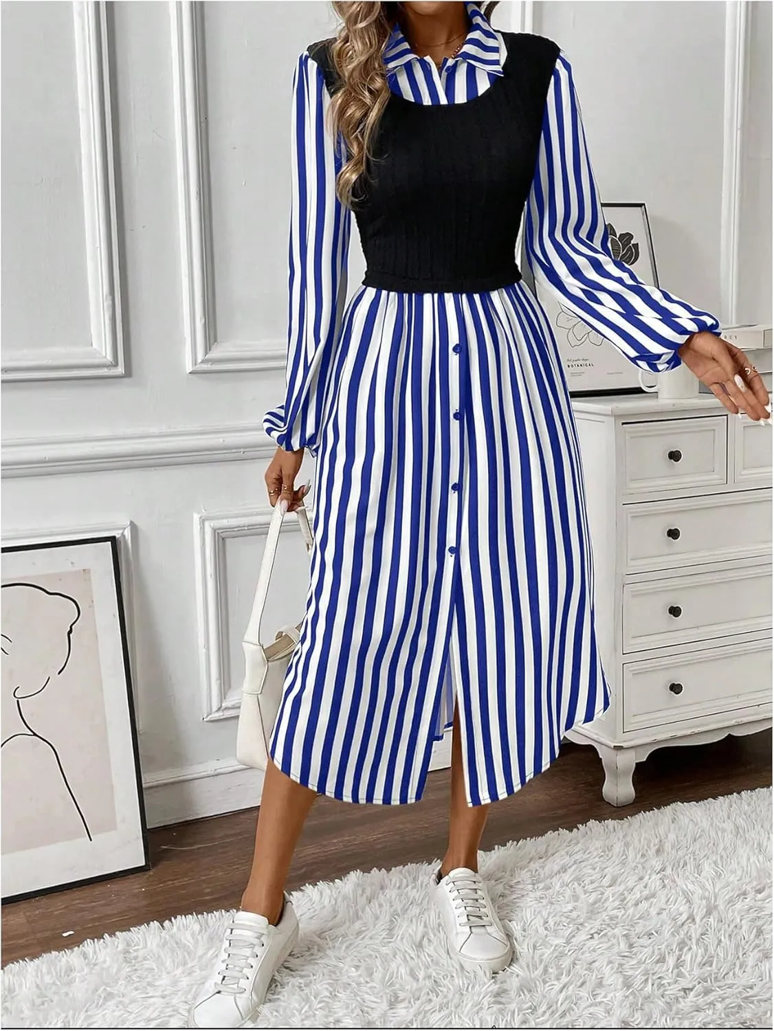 SOLY HUX Women's Button Down Striped Shirt Dress Long Sleeve Midi Dresses with Tank Top