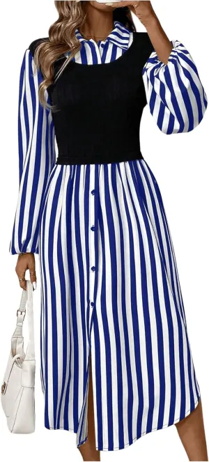 SOLY HUX Women's Button Down Striped Shirt Dress Long Sleeve Midi Dresses with Tank Top