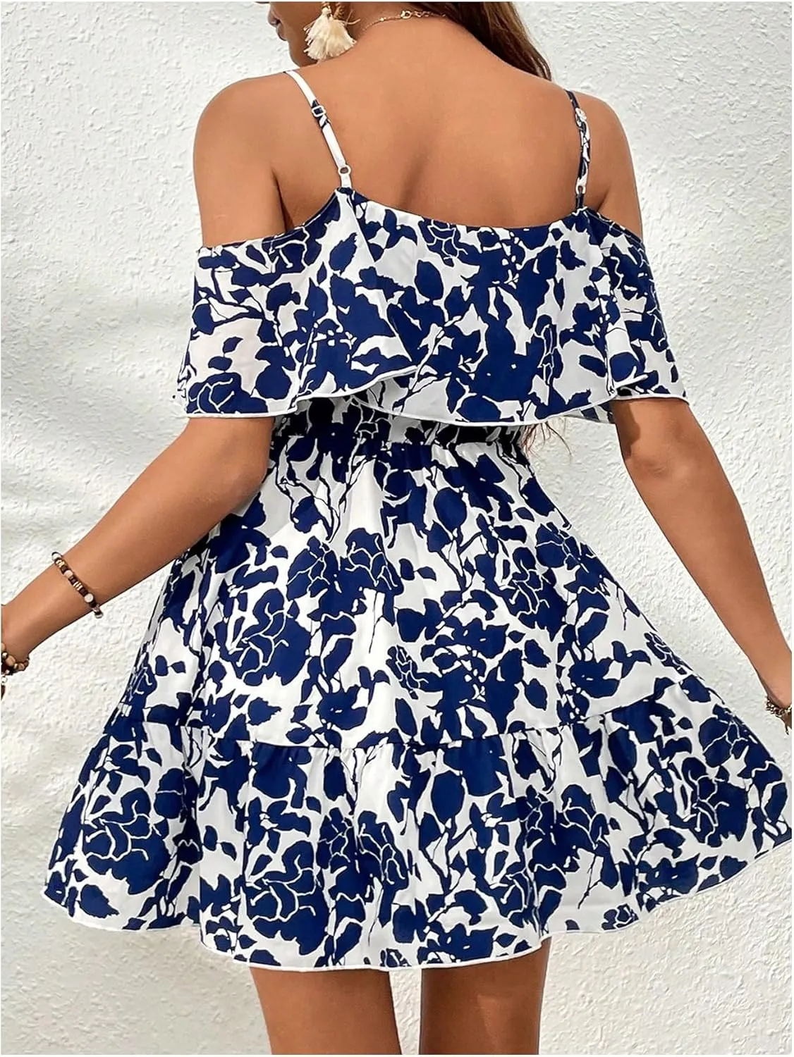 SOLY HUX Women's Cold Shoulder Flowy Dress Floral Short Sleeve Sundress High Waist Mini Dresses