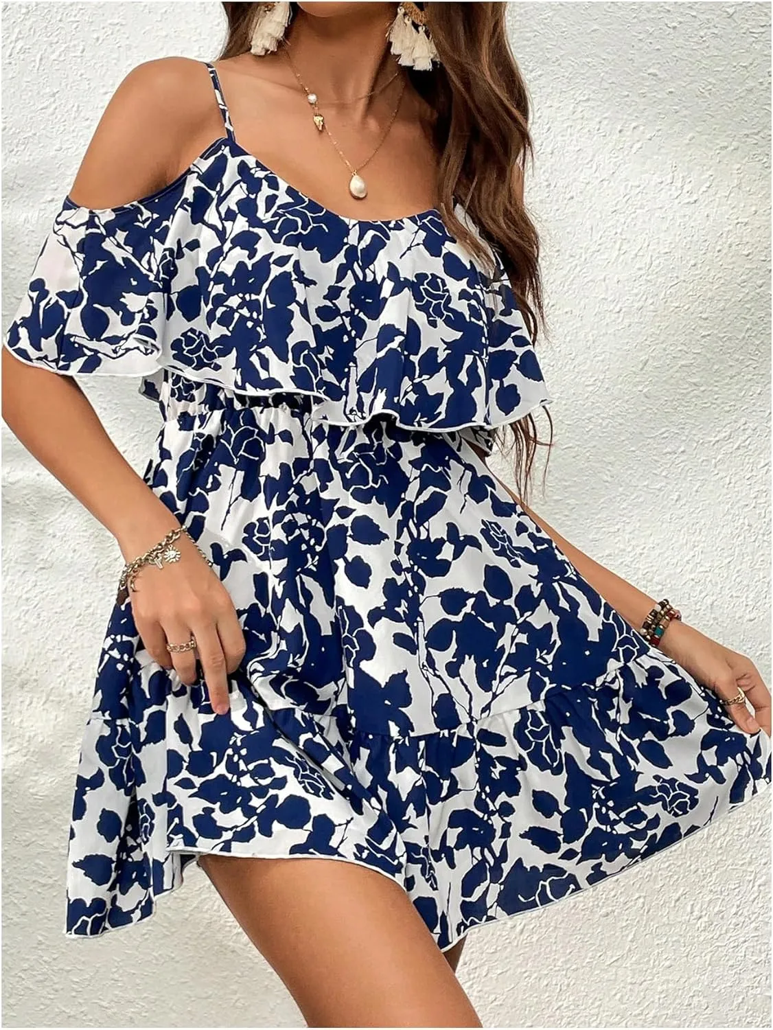 SOLY HUX Women's Cold Shoulder Flowy Dress Floral Short Sleeve Sundress High Waist Mini Dresses