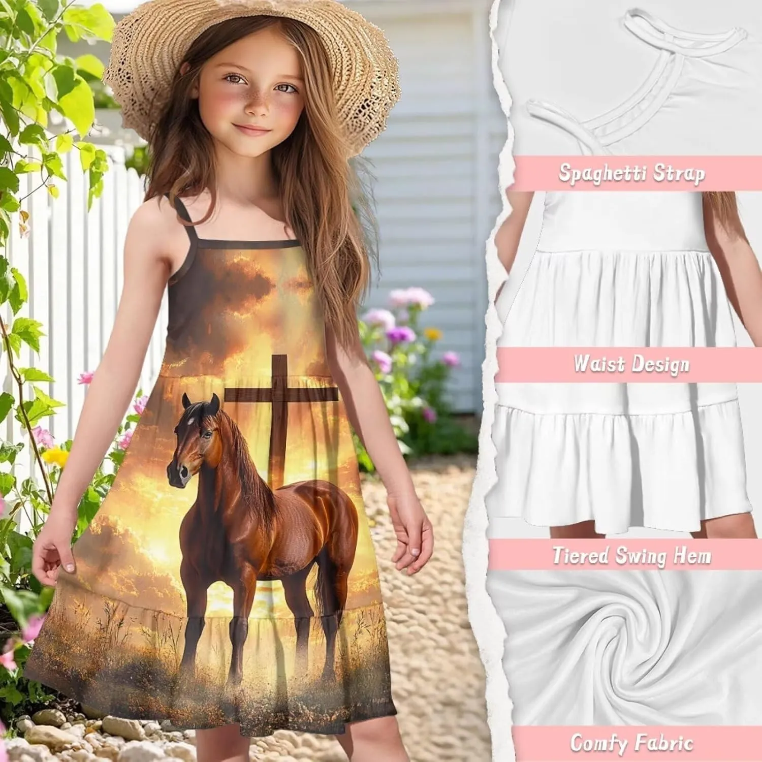 Spaghetti Strap Dresses for Girls 3-14Y Smocked Summer Flowy Dress