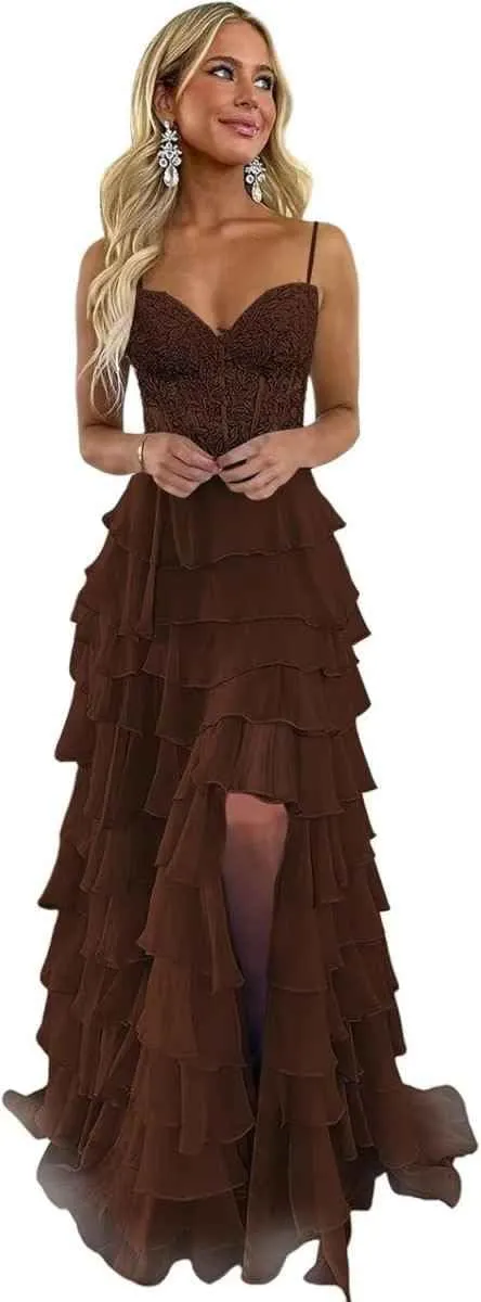 Spaghetti Straps Prom Dresses for Women Lace Long Ball Gown with Slit Chiffon Tiered Formal Evening Dress