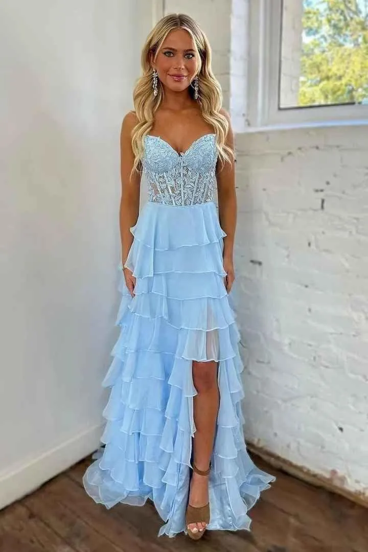Spaghetti Straps Prom Dresses for Women Lace Long Ball Gown with Slit Chiffon Tiered Formal Evening Dress