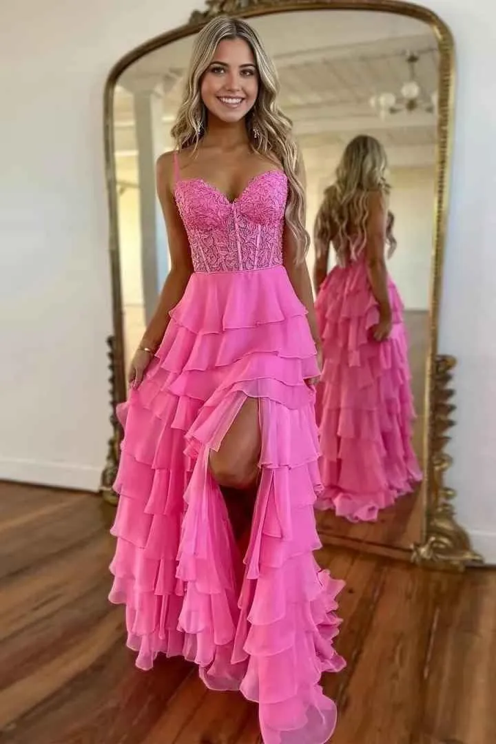 Spaghetti Straps Prom Dresses for Women Lace Long Ball Gown with Slit Chiffon Tiered Formal Evening Dress