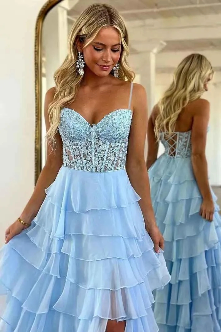 Spaghetti Straps Prom Dresses for Women Lace Long Ball Gown with Slit Chiffon Tiered Formal Evening Dress