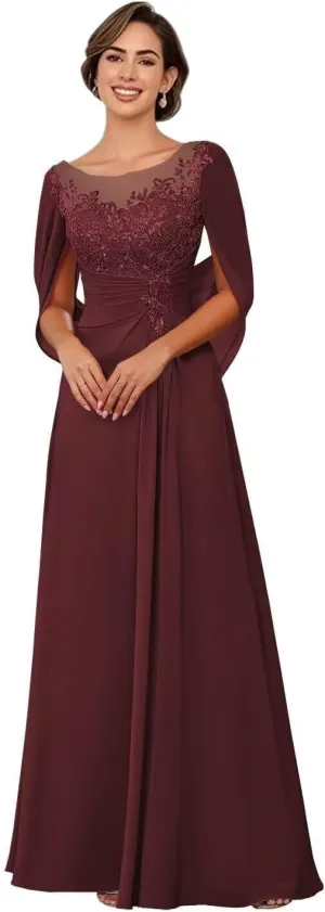 Sparkly Lace Appliques Mother of The Bride Dresses for Wedding Cape Scoop Chiffon Formal Evening Dress
