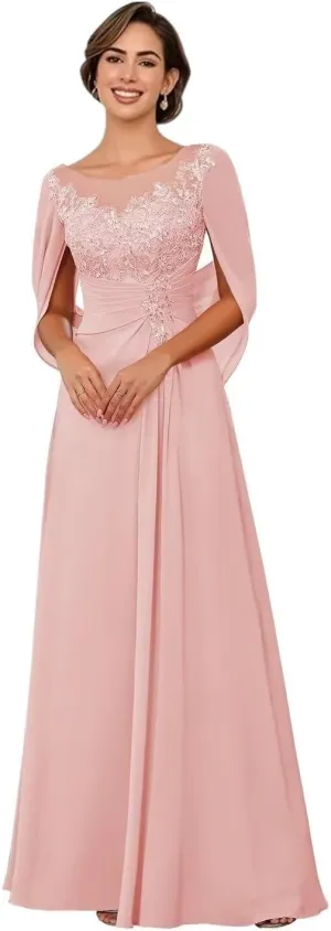 Sparkly Lace Appliques Mother of The Bride Dresses for Wedding Cape Scoop Chiffon Formal Evening Dress