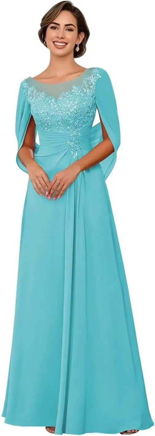 Sparkly Lace Appliques Mother of The Bride Dresses for Wedding Cape Scoop Chiffon Formal Evening Dress