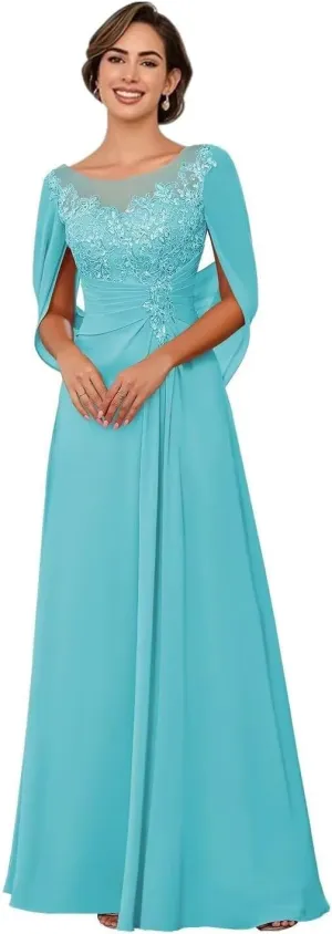 Sparkly Lace Appliques Mother of The Bride Dresses for Wedding Cape Scoop Chiffon Formal Evening Dress