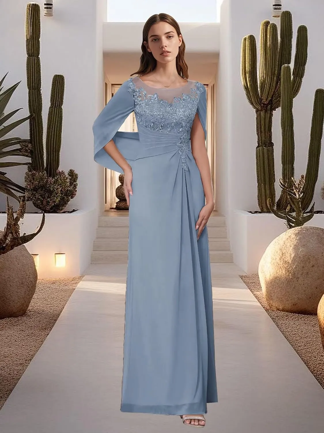 Sparkly Lace Appliques Mother of The Bride Dresses for Wedding Cape Scoop Chiffon Formal Evening Dress