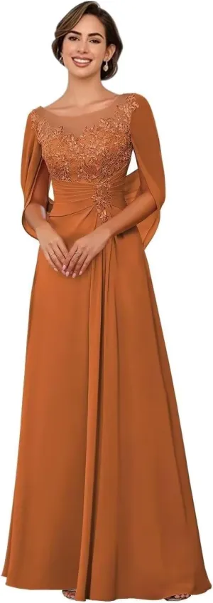 Sparkly Lace Appliques Mother of The Bride Dresses for Wedding Cape Scoop Chiffon Formal Evening Dress