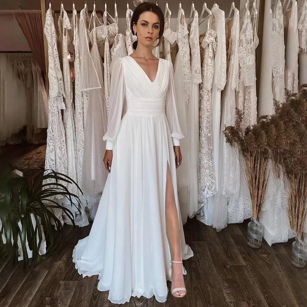 Split Chiffon V Neck Long Sleeve Prom Dresses Formal Dress for Women A-Line Pleated Maxi Gown