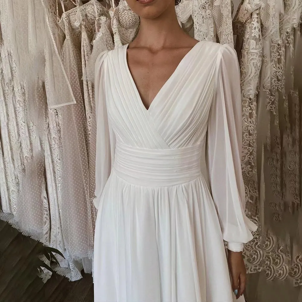 Split Chiffon V Neck Long Sleeve Prom Dresses Formal Dress for Women A-Line Pleated Maxi Gown