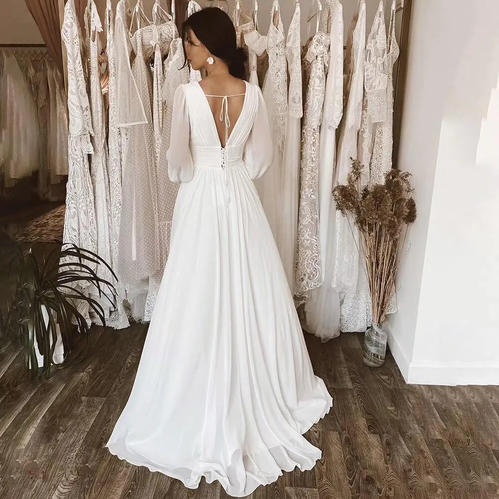Split Chiffon V Neck Long Sleeve Prom Dresses Formal Dress for Women A-Line Pleated Maxi Gown