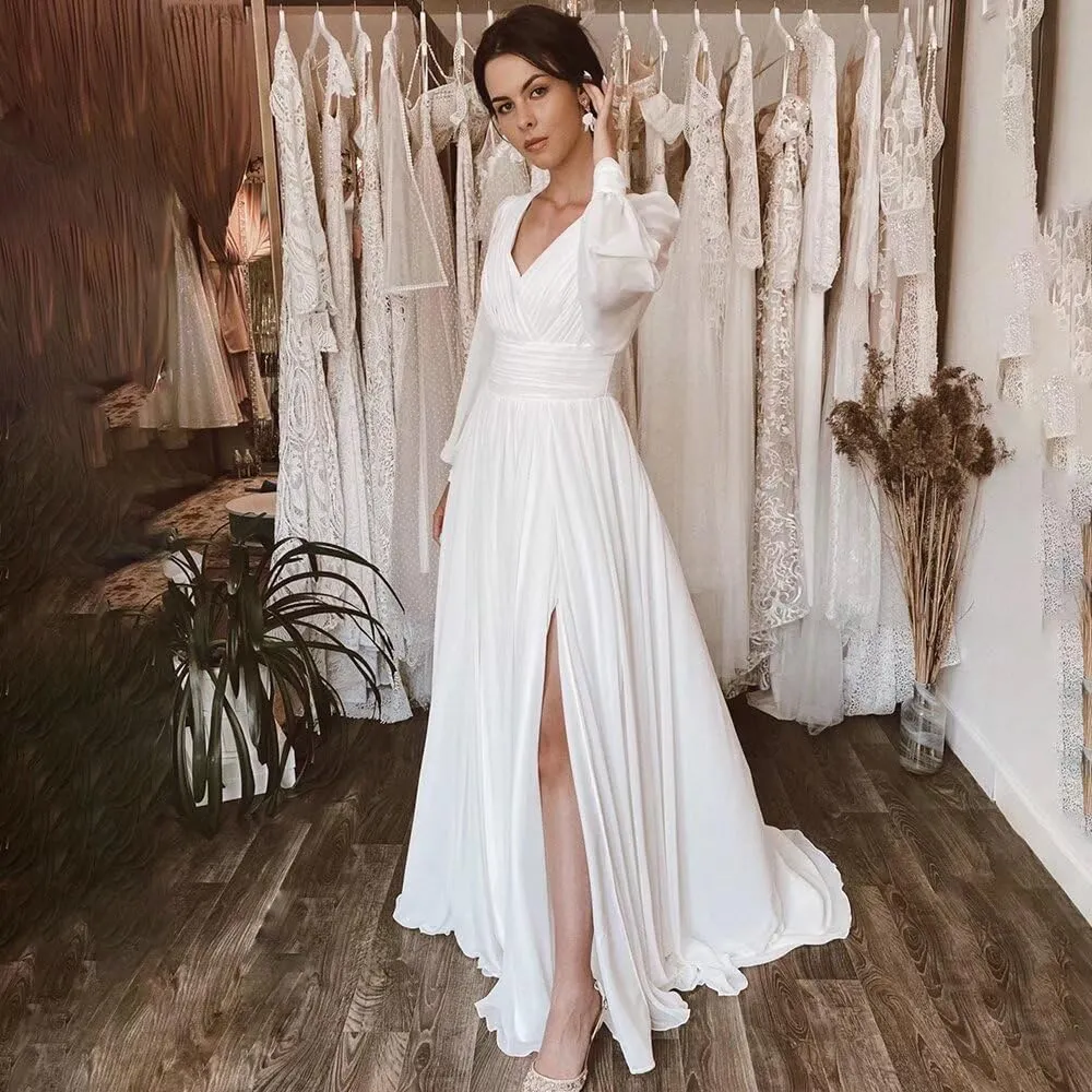 Split Chiffon V Neck Long Sleeve Prom Dresses Formal Dress for Women A-Line Pleated Maxi Gown