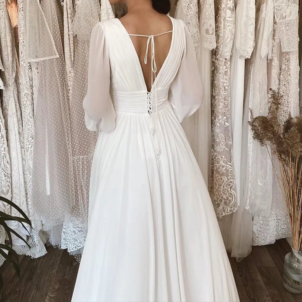 Split Chiffon V Neck Long Sleeve Prom Dresses Formal Dress for Women A-Line Pleated Maxi Gown