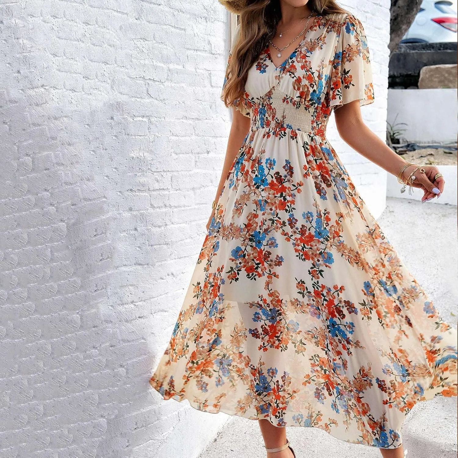 Spring Dresses for Women 2025 Summer Dresses for Women 2025 Vacation with Sleeves Floral Print