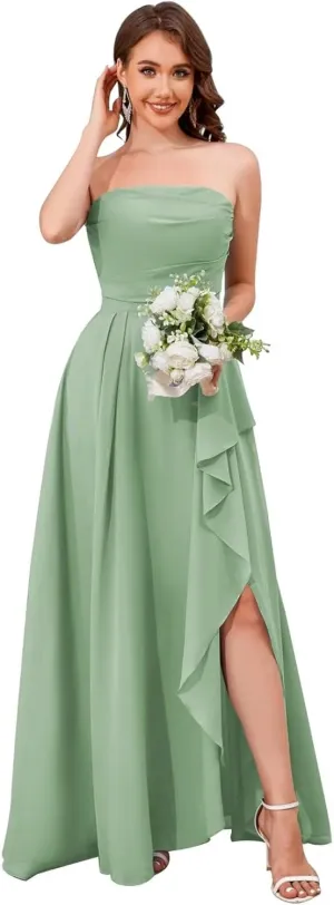 Strapless Chiffon Bridesmaid Dresses for Women Ruffle Ruched Long Evening Gown with Slit