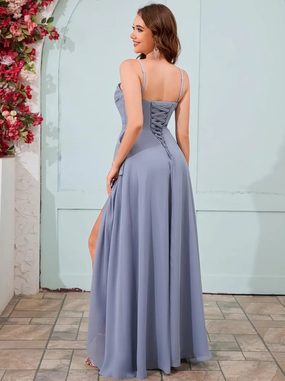 Strapless Chiffon Bridesmaid Dresses for Women Ruffle Ruched Long Evening Gown with Slit