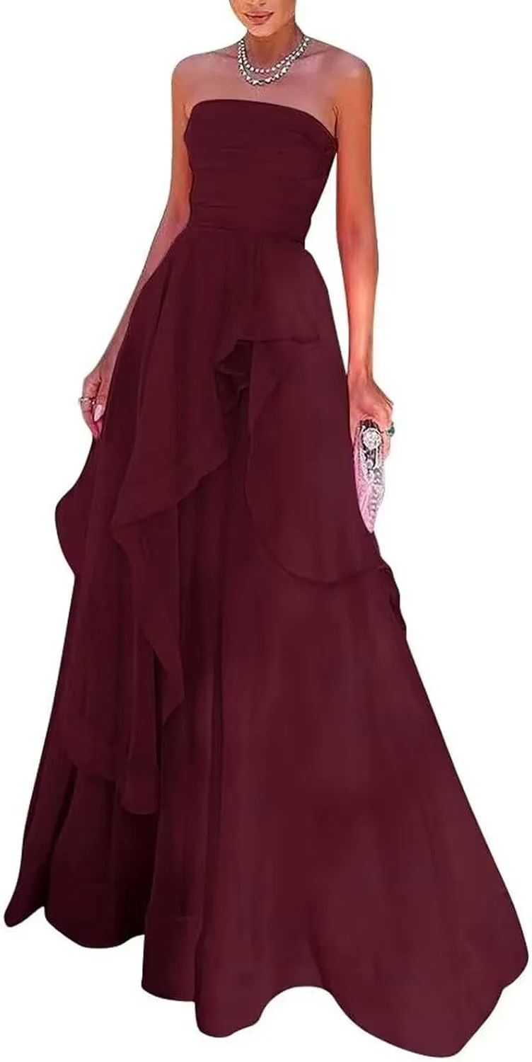 Strapless Chiffon Prom Dresses Sleeveless Pleats A Line Formal Evening Party Gowns for Women 2025