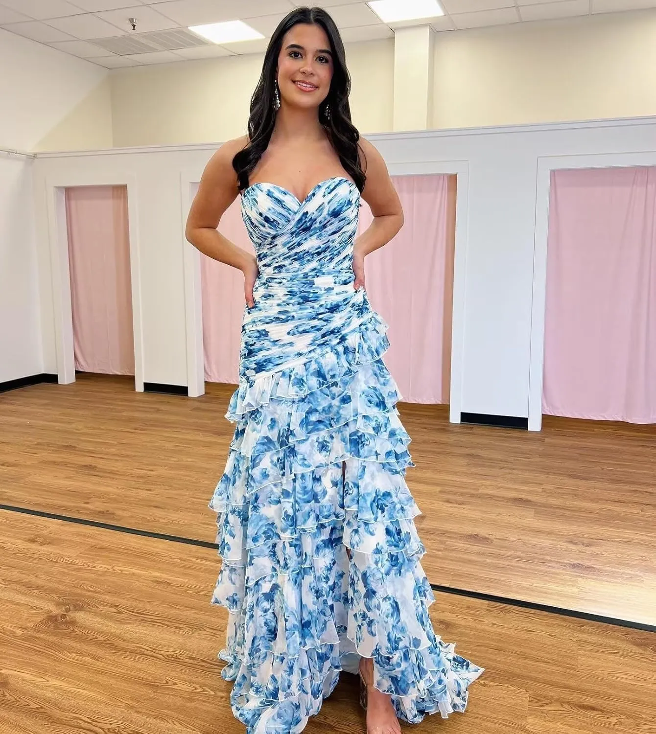 Strapless Floral Print Prom Dresses 2025 Sweetheart Neck Tiered Chiffon Mermaid Evening Gown with Slit