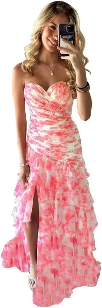 Strapless Floral Print Prom Dresses 2025 Sweetheart Neck Tiered Chiffon Mermaid Evening Gown with Slit