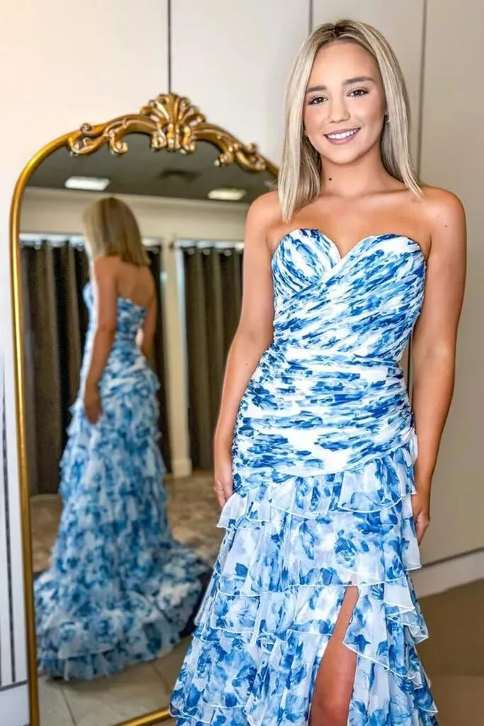Strapless Floral Print Prom Dresses 2025 Sweetheart Neck Tiered Chiffon Mermaid Evening Gown with Slit