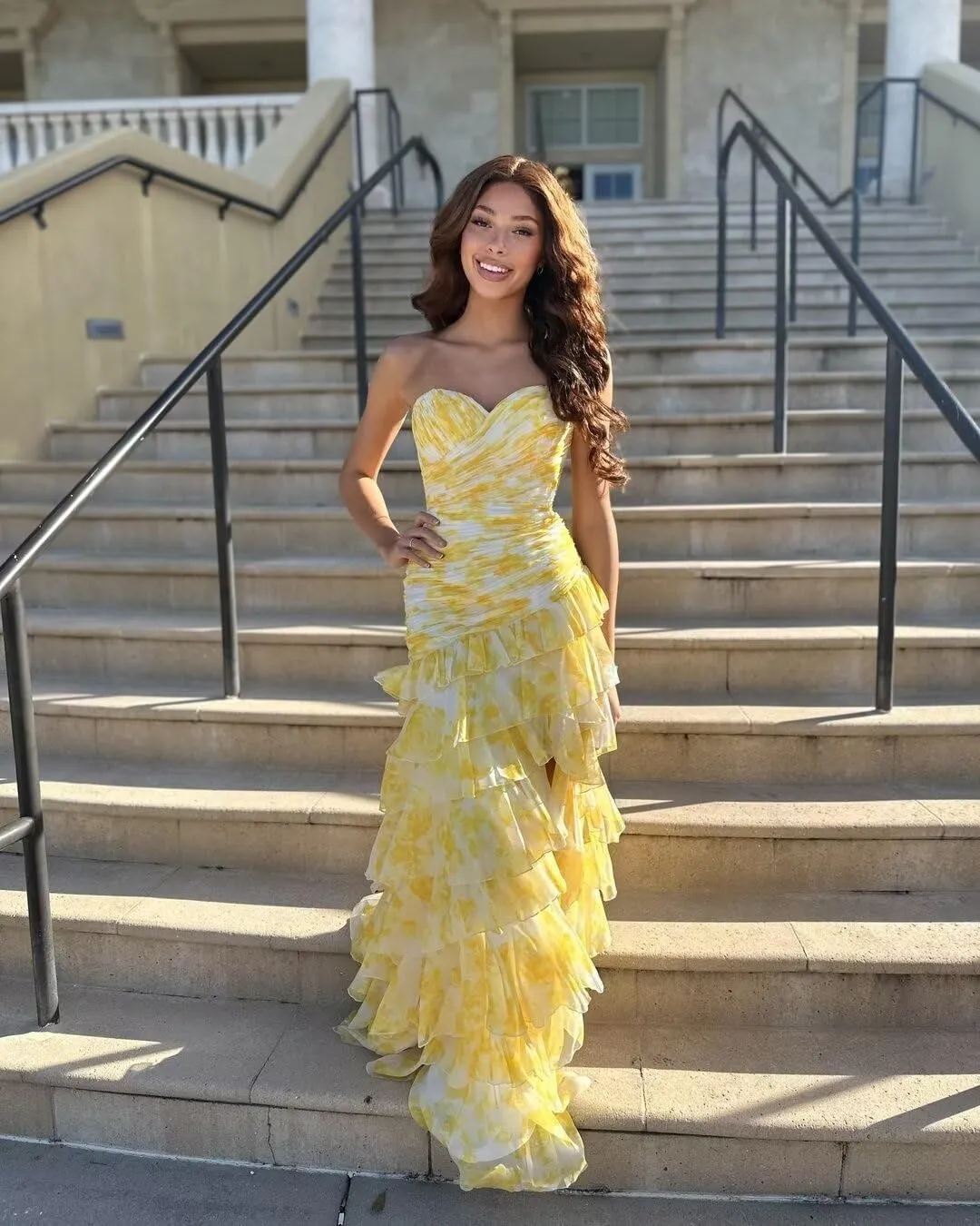 Strapless Floral Print Prom Dresses 2025 Sweetheart Neck Tiered Chiffon Mermaid Evening Gown with Slit