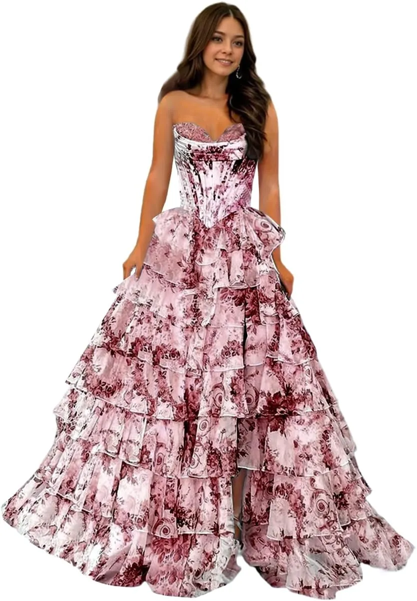 Strapless Tiered Prom Dress Printed Chiffon Ruched Graduation Gown Sweetheart Evening Dress with Slit ZD201