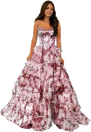 Strapless Tiered Prom Dress Printed Chiffon Ruched Graduation Gown Sweetheart Evening Dress with Slit ZD201