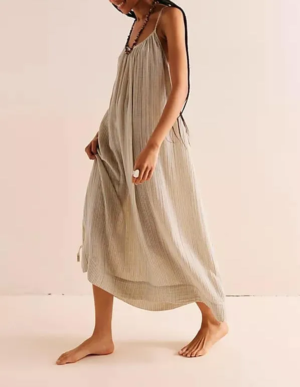 Striped Maxi Dress for Women Y2k Summer Long Flowy Beach Dress Boho Spaghetti Strap Backless Swing Midi Sundresses