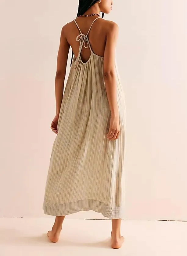 Striped Maxi Dress for Women Y2k Summer Long Flowy Beach Dress Boho Spaghetti Strap Backless Swing Midi Sundresses