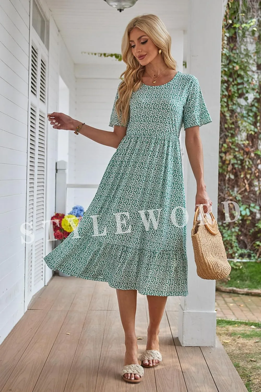 STYLEWORD Women's Summer 2025 Casual Short Sleeve Tiered Flowy Spring Dress Long Midi Beach Sundress Vacation Outfits