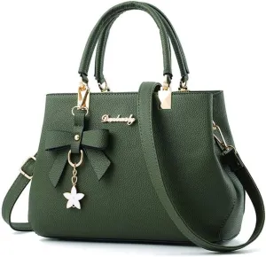 Stylish Womens PU Leather Top Handle Satchel Handbag with Bow Pendant - Versatile Zipper Tote & Crossbody Bag in Green
