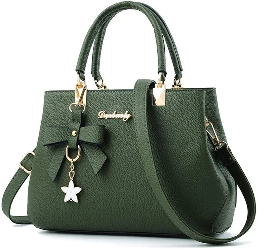 Stylish Womens PU Leather Top Handle Satchel Handbag with Bow Pendant - Versatile Zipper Tote & Crossbody Bag in Green