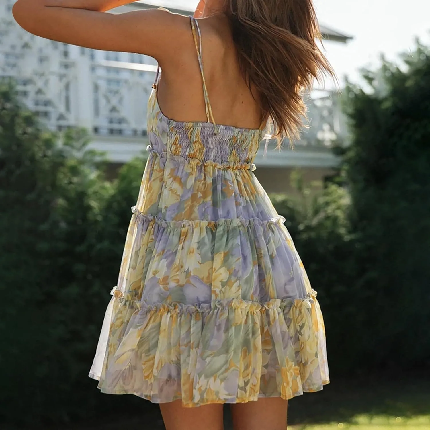 Summer Boho Mini Dresses for Women 2025 Casual Floral Short Chiffon Dress Pleated Flowy Tiered Ruffle Dress Sundresses