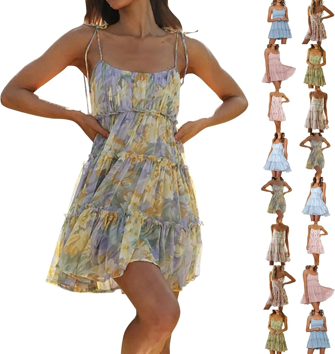 Summer Boho Mini Dresses for Women 2025 Casual Floral Short Chiffon Dress Pleated Flowy Tiered Ruffle Dress Sundresses