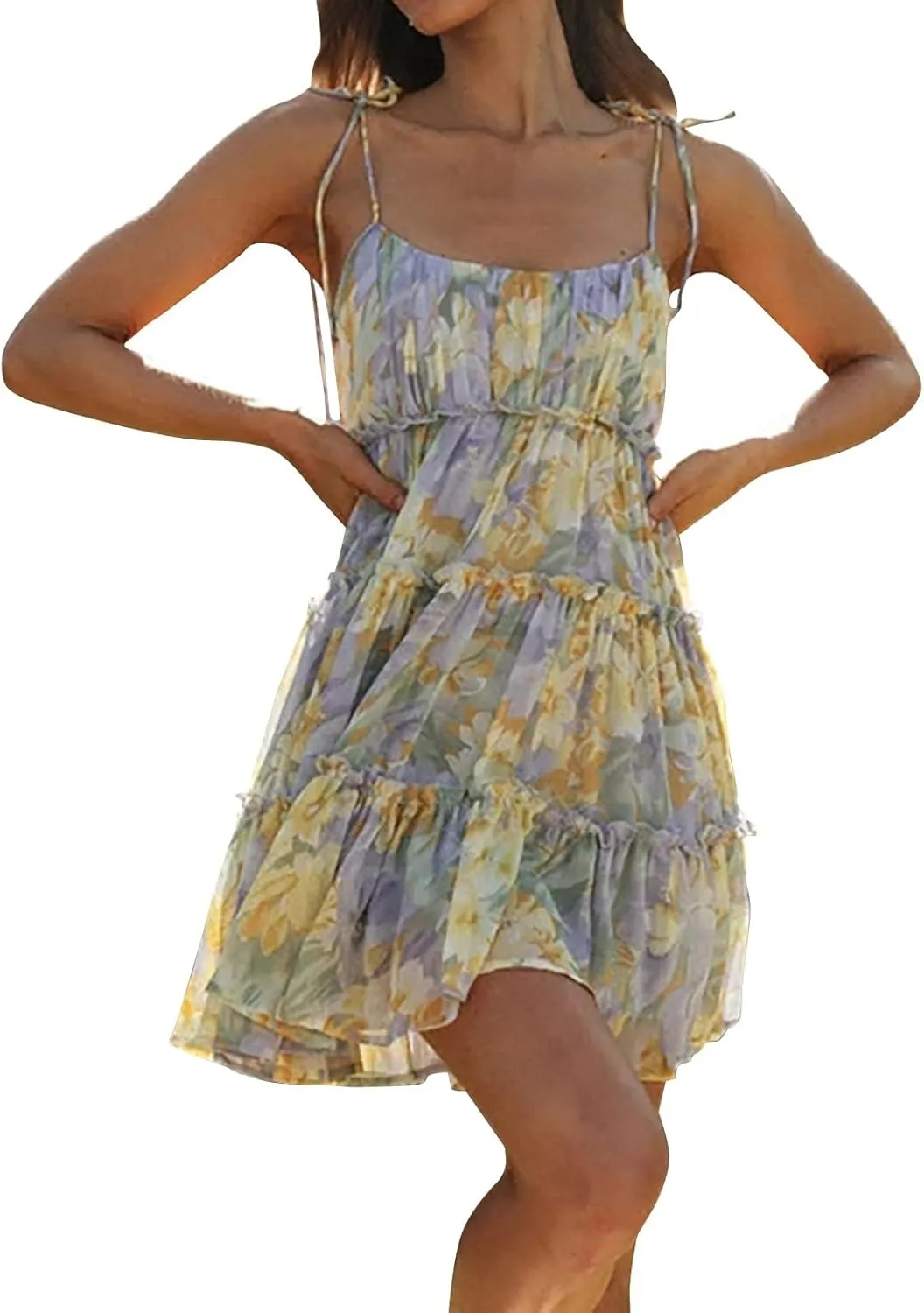 Summer Boho Mini Dresses for Women 2025 Casual Floral Short Chiffon Dress Pleated Flowy Tiered Ruffle Dress Sundresses