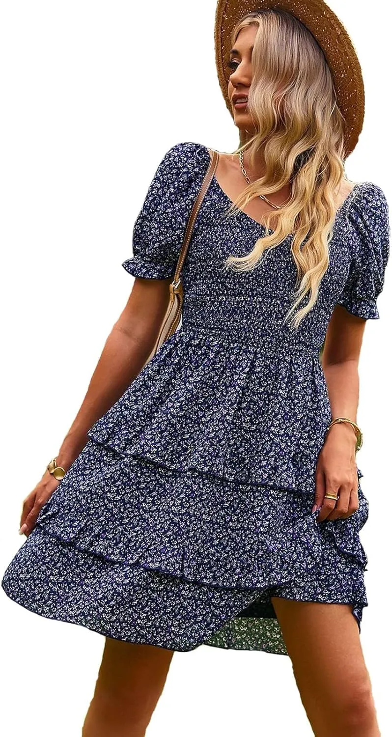 Summer Casual Cute Floral Flowy Square Neck Sundressses Women 2024 with Pocket A Line Flowy Beach Dress