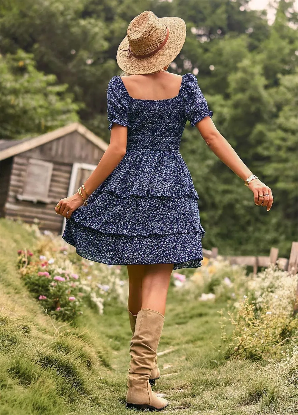Summer Casual Cute Floral Flowy Square Neck Sundressses Women 2024 with Pocket A Line Flowy Beach Dress