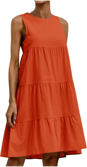 Summer Casual Dresses for Women 2024 Loose Fit Lightweight Pleated Linen Sundresses Plus Size Going Out Beach Dresses